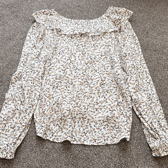 LOFT Petite Floral Ruffle Blouse Women’s XSP Cream Long Sleeve Boho Top - Picture 6 of 6